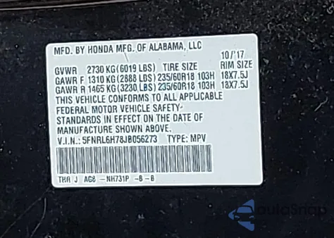 2018 Honda Odyssey Ex-L from USA, damaged, VIN 5FNRL6H78JB056273